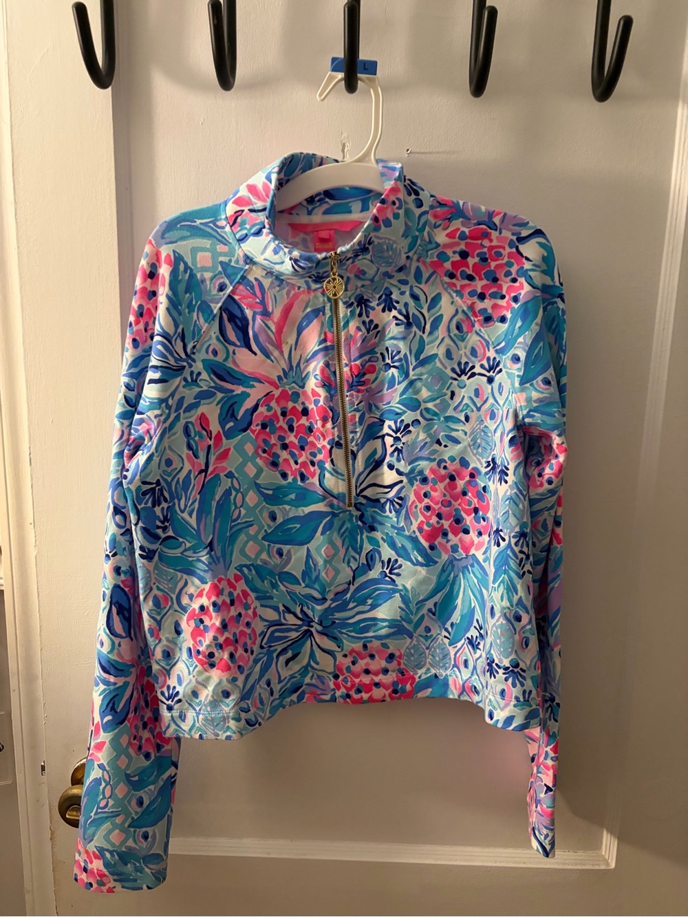 Tropical Floral Half-Zip Pullover - Blue & Pink